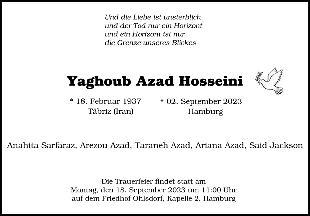  Traueranzeige für Yaghoub Azad Hosseini vom 09.09.2023 aus Hamburger Abendblatt