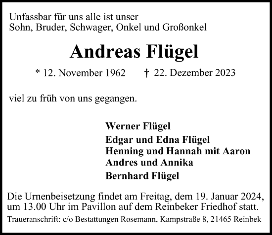 Traueranzeige von Andreas Flügel von Bergedorfer Zeitung