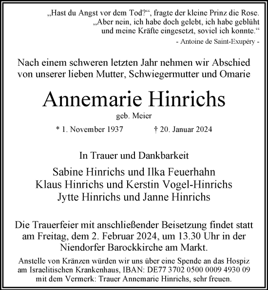 Traueranzeige von Annemarie Hinrichs von Hamburger Abendblatt