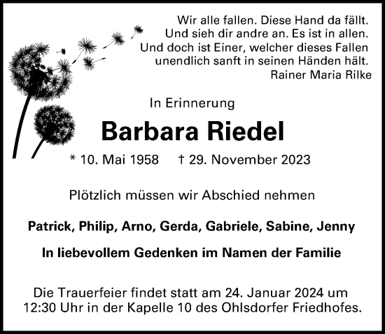 Traueranzeige von Barbara Riedel von Hamburger Abendblatt