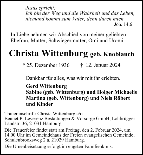 Traueranzeige von Christa Wittenburg von Bergedorfer Zeitung