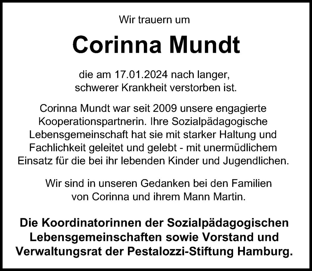  Traueranzeige für Corinna Mundt vom 27.01.2024 aus Hamburger Abendblatt