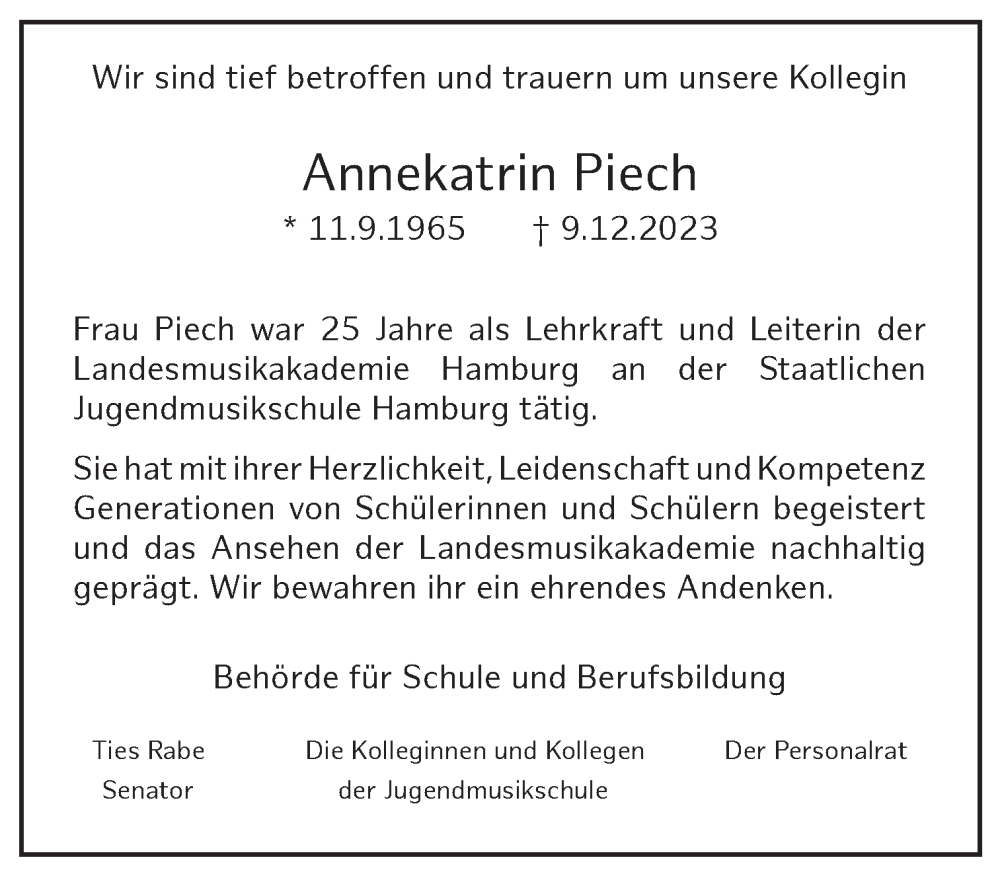  Traueranzeige für Annekatrin Piech vom 23.12.2023 aus Hamburger Abendblatt