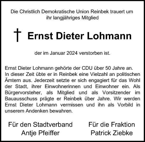 Traueranzeige von Ernst Dieter Lohmann von Bergedorfer Zeitung