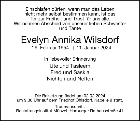 Traueranzeige von Evelyn Annika Wilsdorf von Hamburger Abendblatt