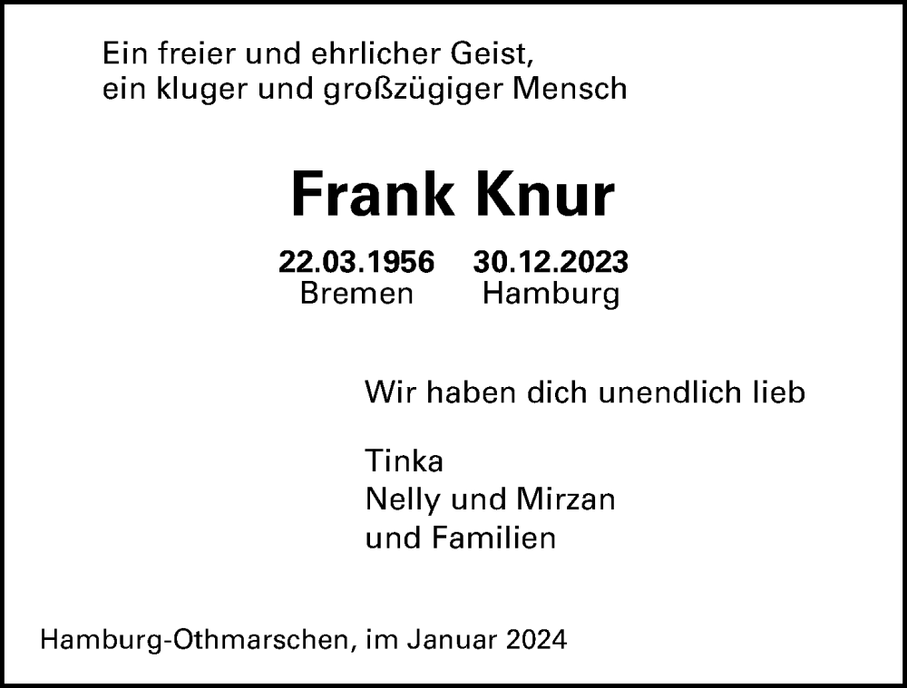  Traueranzeige für Frank Knur vom 06.01.2024 aus Hamburger Abendblatt