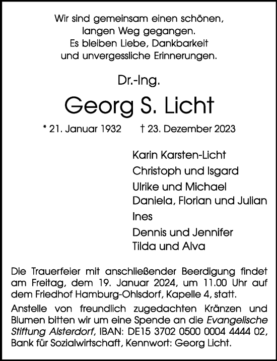 Traueranzeige von Georg S. Licht von Hamburger Abendblatt