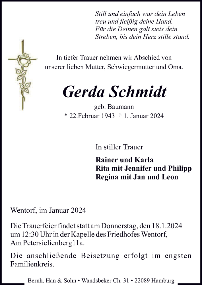  Traueranzeige für Gerda Schmidt vom 13.01.2024 aus Bergedorfer Zeitung