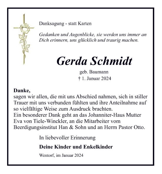 Traueranzeige von Gerda Schmidt von Bergedorfer Zeitung