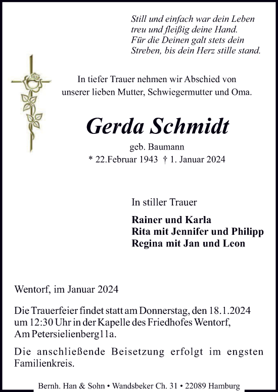 Traueranzeige von Gerda Schmidt von Bergedorfer Zeitung