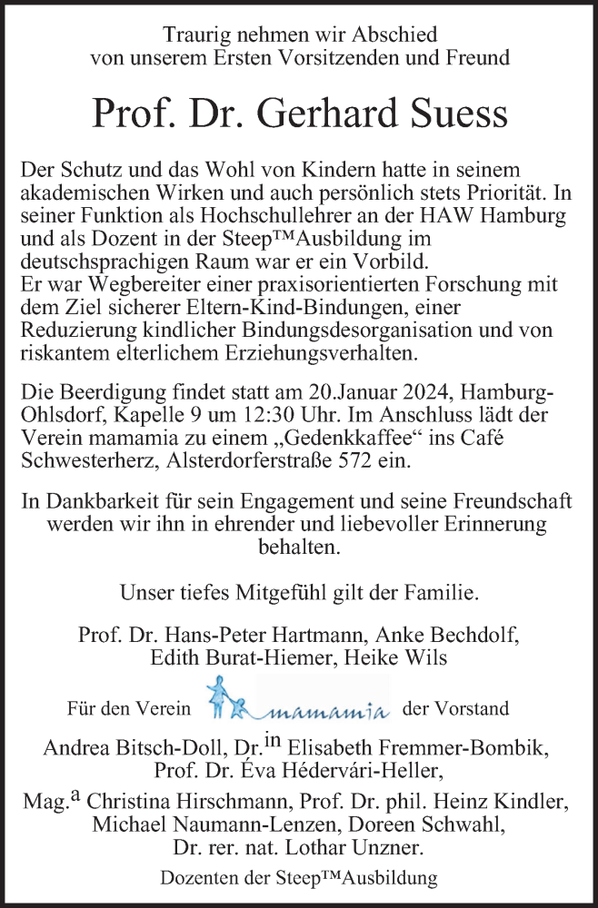 Traueranzeige für Gerhard Suess vom 17.01.2024 aus Hamburger Abendblatt