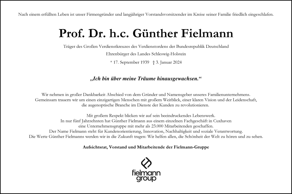  Traueranzeige für Günther Fielmann vom 13.01.2024 aus Hamburger Abendblatt