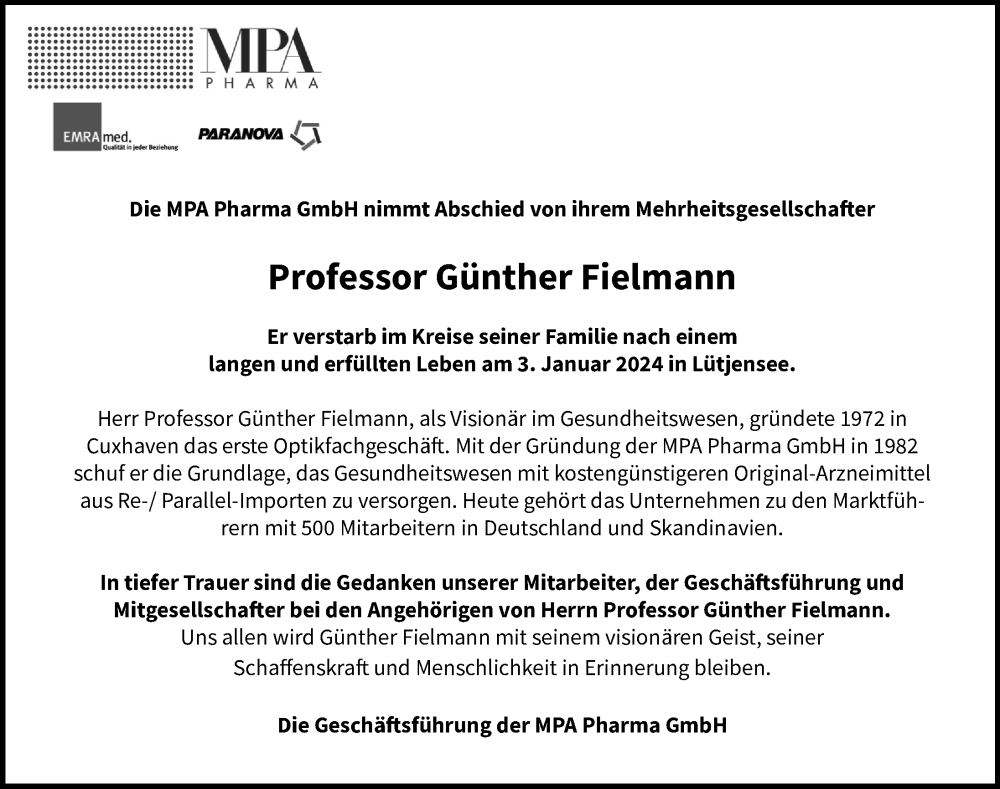  Traueranzeige für Günther Fielmann vom 13.01.2024 aus Hamburger Abendblatt
