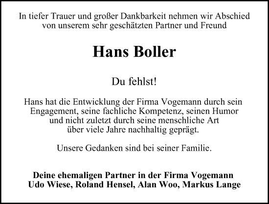 Traueranzeige von Hans Boller von Hamburger Abendblatt