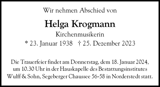 Traueranzeige von Helga Krogmann von Hamburger Abendblatt