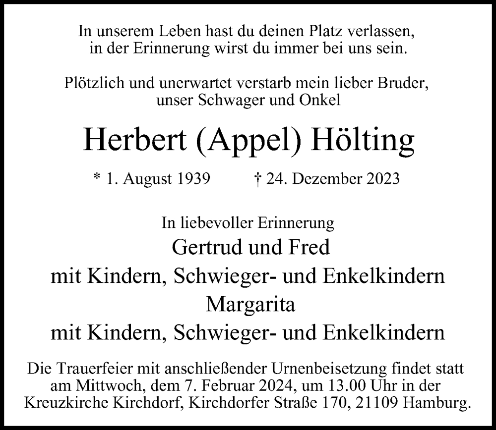  Traueranzeige für Herbert Hölting vom 27.01.2024 aus 