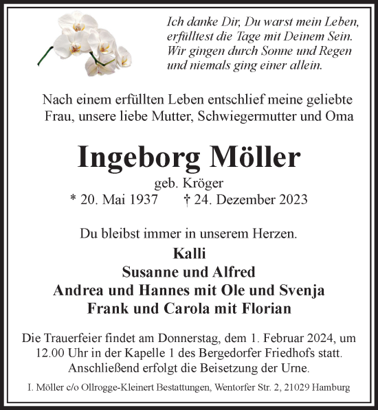 Traueranzeige von Ingeborg Möller 