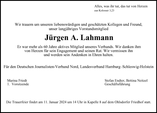 Traueranzeige von Jürgen Lahmann von Hamburger Abendblatt