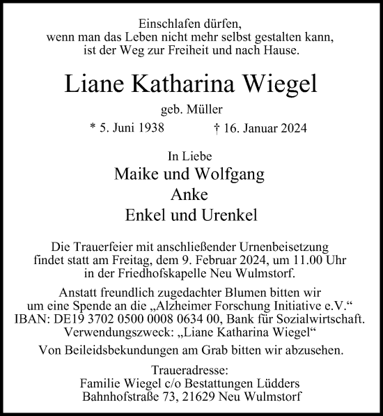 Traueranzeige von Liane Katharina Wiegel von Hamburger Abendblatt