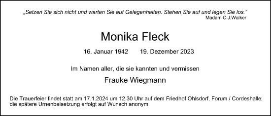 Traueranzeige von Monika Fleck von Hamburger Abendblatt