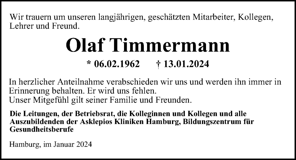  Traueranzeige für Olaf Timmermann vom 20.01.2024 aus Hamburger Abendblatt