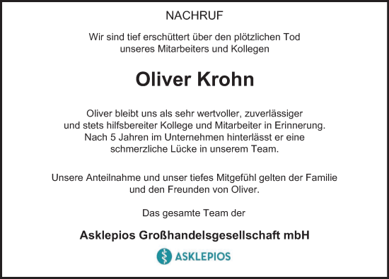 Traueranzeige von Oliver Krohn von Hamburger Abendblatt