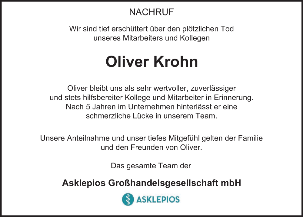  Traueranzeige für Oliver Krohn vom 27.01.2024 aus Hamburger Abendblatt