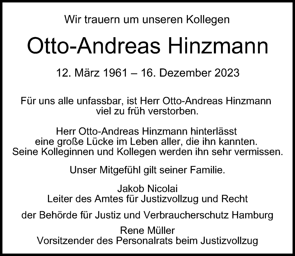  Traueranzeige für Otto-Andreas Hinzmann vom 27.01.2024 aus Hamburger Abendblatt