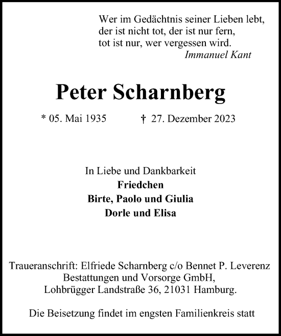 Traueranzeige von Peter Scharnberg von Bergedorfer Zeitung