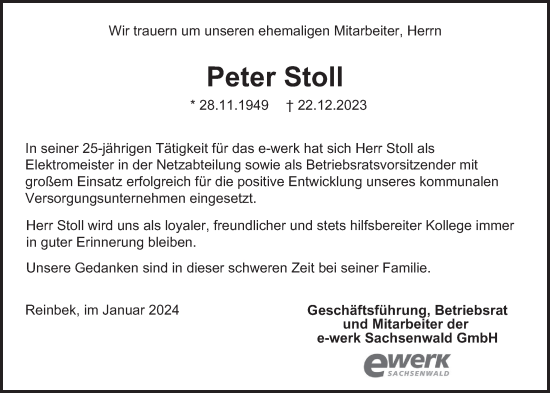 Traueranzeige von Peter Stoll von Bergedorfer Zeitung