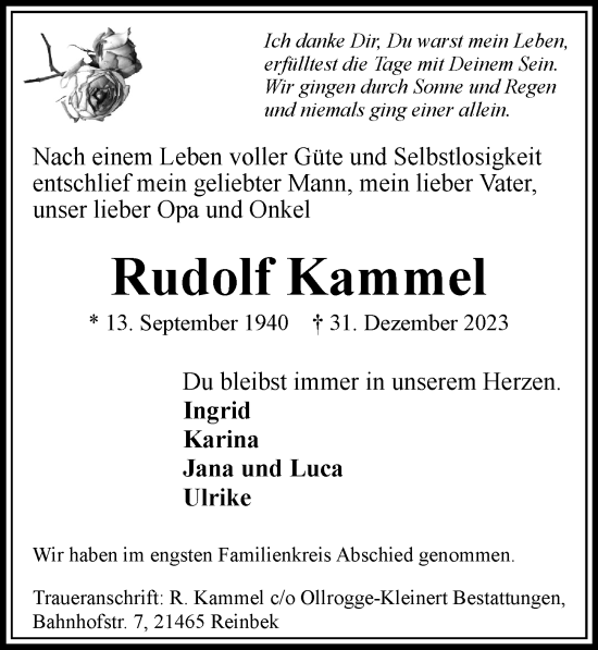 Traueranzeige von Rudolf Kammel 