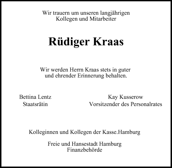 Traueranzeige von Rüdiger Kraas von Hamburger Abendblatt