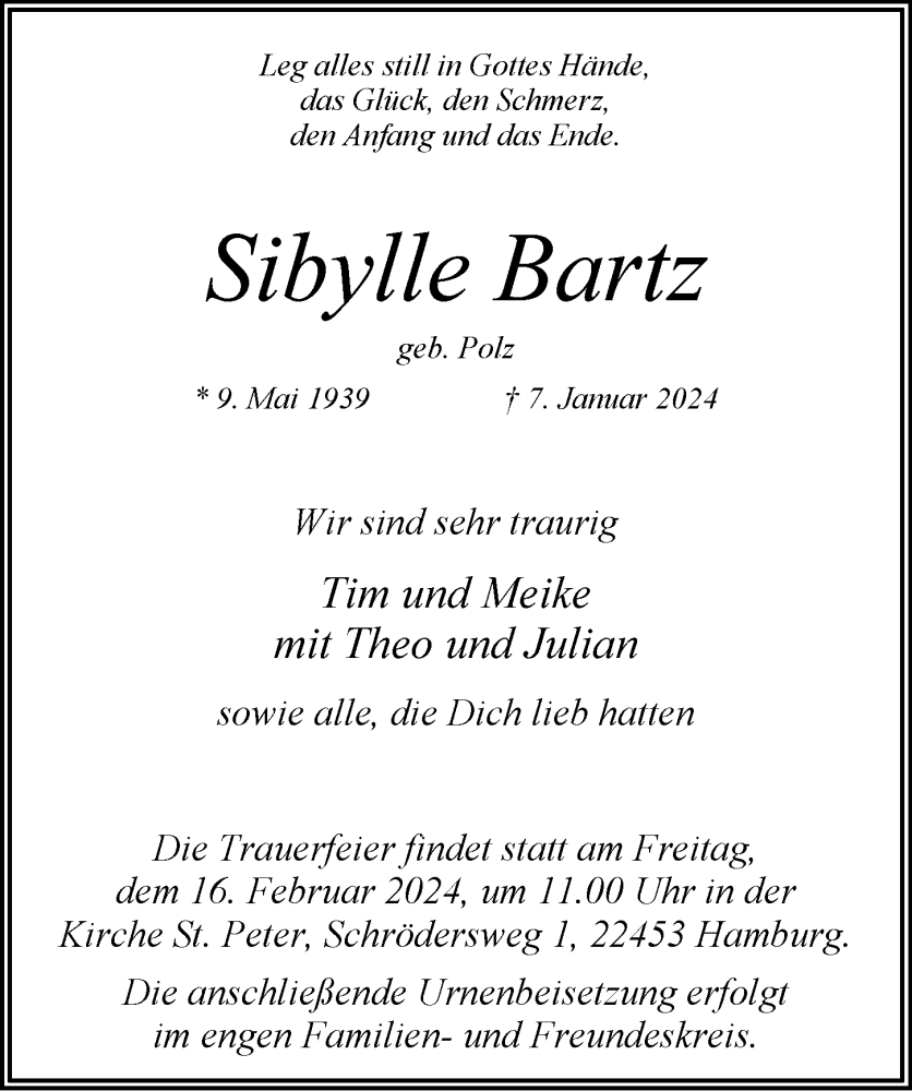  Traueranzeige für Sibylle Bartz vom 27.01.2024 aus Hamburger Abendblatt