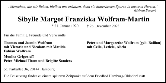 Traueranzeige von Sibylle Margot Franziska Wolfram-Martin von Hamburger Abendblatt