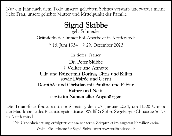 Traueranzeige von Sigrid Skibbe von HA Regio Norderstedt