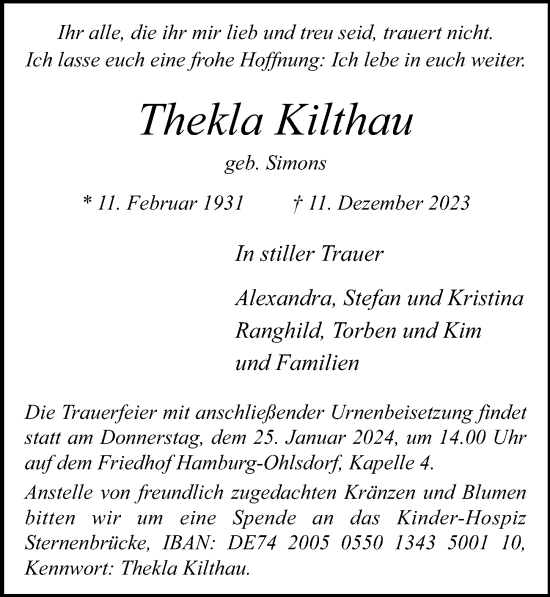 Traueranzeige von Thekla Kilthau von Hamburger Abendblatt