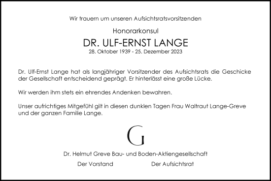 Traueranzeige von Ulf-Ernst Lange von Hamburger Abendblatt