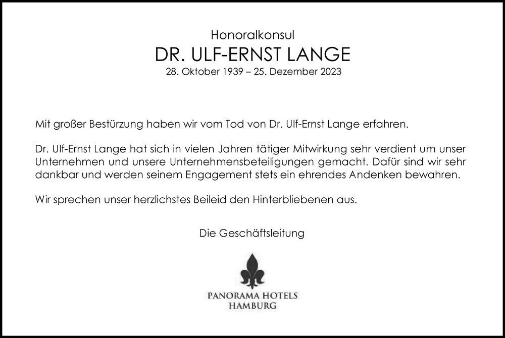  Traueranzeige für Ulf-Ernst Lange vom 20.01.2024 aus Hamburger Abendblatt