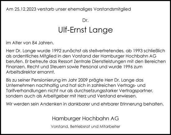 Traueranzeige von Ulf-Ernst Lange von Hamburger Abendblatt