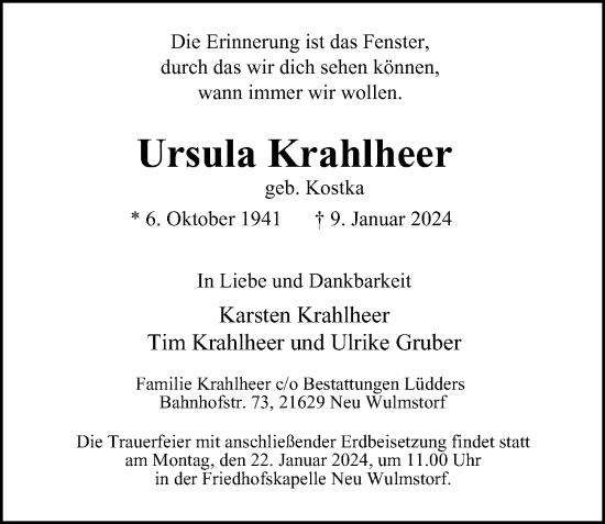 Traueranzeige von Ursula Krahlheer von Hamburger Abendblatt