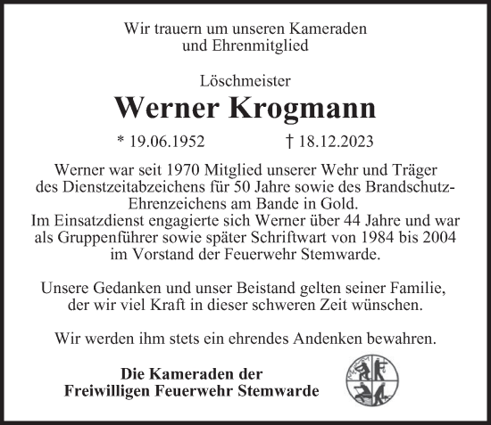 Traueranzeige von Werner Krogmann 