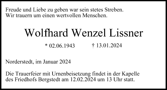 Traueranzeige von Wolfhard Wenzel Lissner von HA Regio Norderstedt