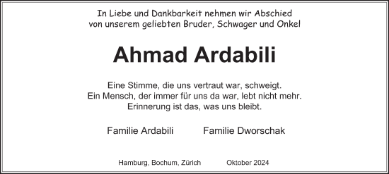 Traueranzeige von Ahmad Ardabili von Hamburger Abendblatt