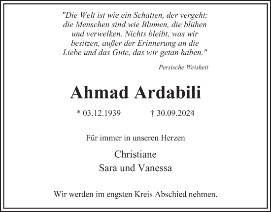 Traueranzeige von Ahmad Ardabili von Hamburger Abendblatt