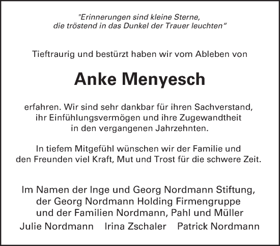 Traueranzeige von Anke Menyesch von Hamburger Abendblatt