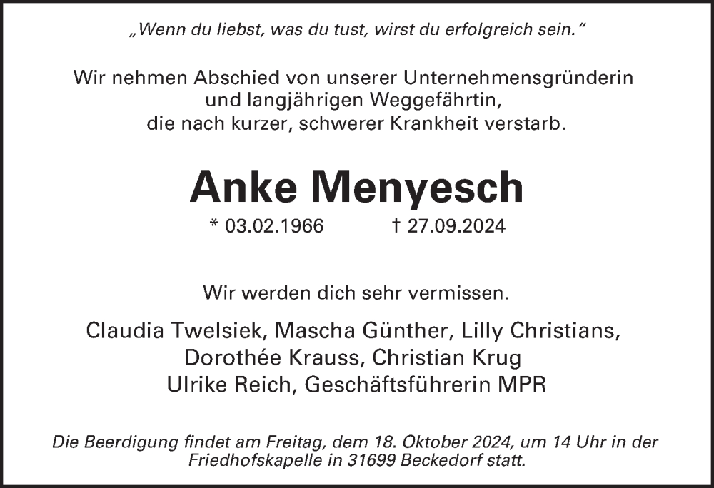  Traueranzeige für Anke Menyesch vom 05.10.2024 aus Hamburger Abendblatt