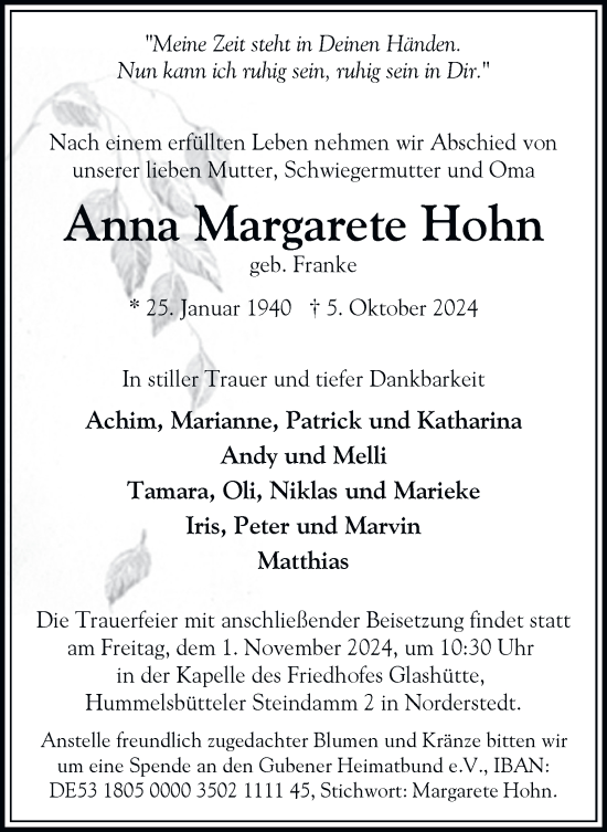 Traueranzeige von Anna Margarete Hohn 