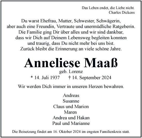 Traueranzeige von Anneliese Maaß von Hamburger Abendblatt