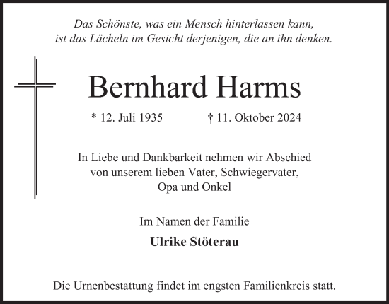 Traueranzeige von Bernhard Harms 