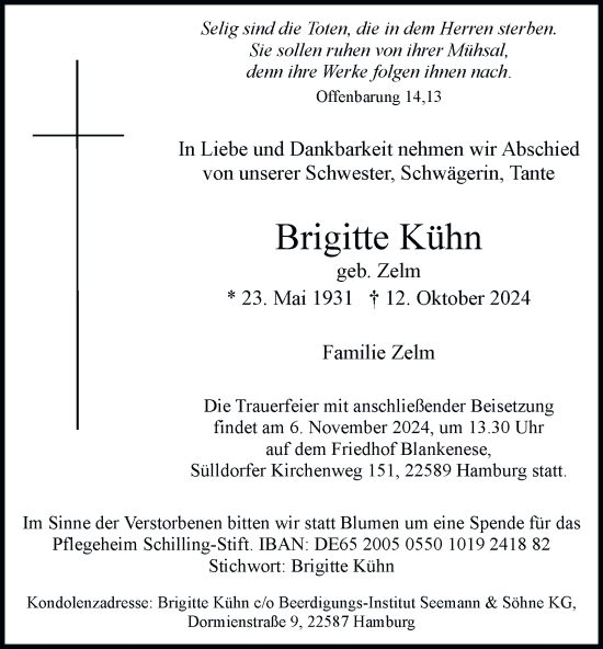 Traueranzeige von Brigitte Kühn von Hamburger Abendblatt